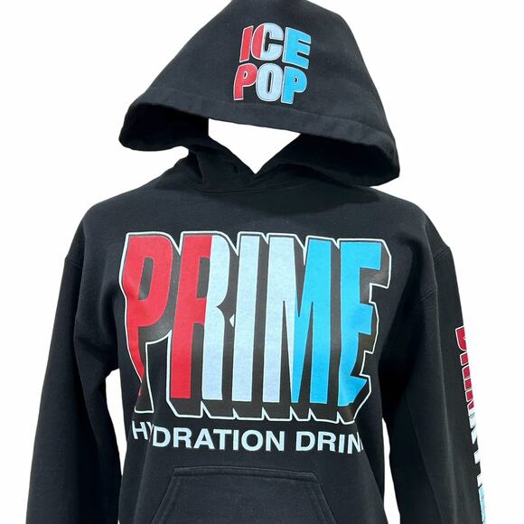 Prime Hydration Drink Ice Pop Pull Over Long Sleeve Black Hoodie - Picture 2 of 7